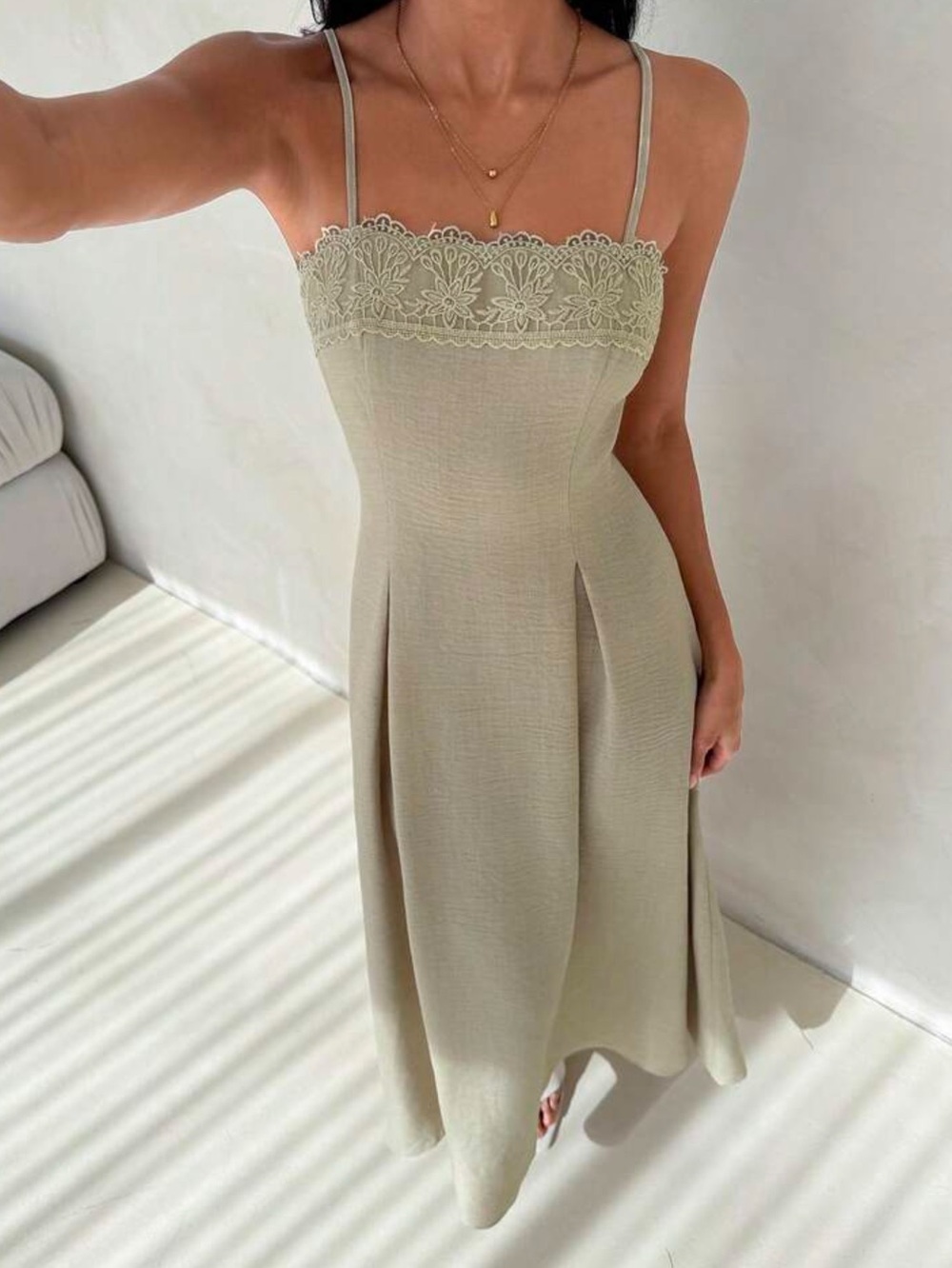 Spaghetti-Strap Cream Maxi Dress with Lace Trim - Picture 6 of 7